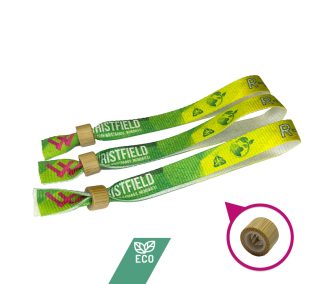   Braccialetto Ecologico - (PET Riciclato, 15x340mm, stampa full color su un lato) con chiusura bamboo-plastica monousabile