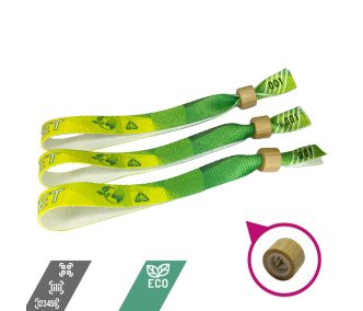  Braccialetto Ecologico - (PET Riciclato, 15x340mm, stampa full color su un lato, dati variabili) con chiusura bamboo-plastica monousabile